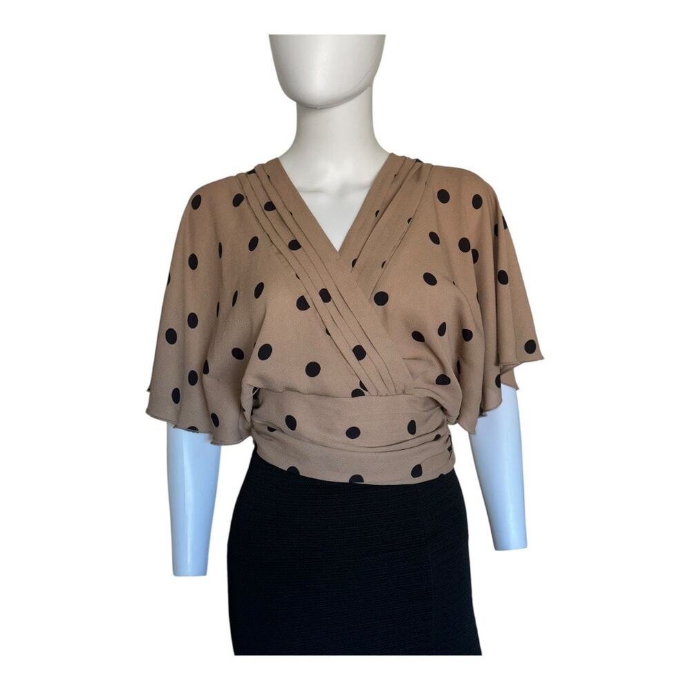 NY & C. 7th Ave Beige Polka Dot Wrap Top Flutter Sleeve Deep V-Neck Blouse - M